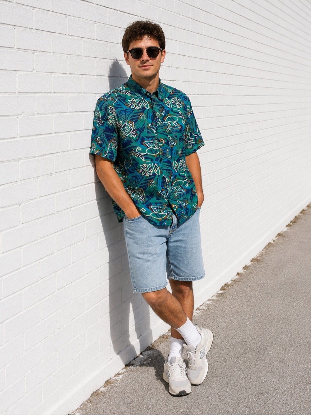 Vintage 90s Hawaiian Button Down Shirt Men's Size Large Blue Green Tropical Silk